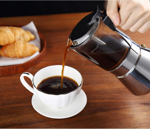 4/6/ 9 360ml/12.7oz/9 cup=40ml) Geesta Premium Crystal Glass-Top Stovetop Espresso Moka Pot - Cups Stainless Steel