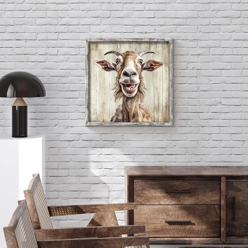 20 20 Inch Farmhouse Goat Wall Art Framed: Animal Portrait Print Decor Rustic Wood Nursery Painting Picture Funny Farm