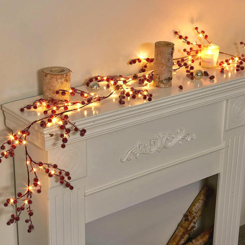 Vanthylit 6FT Red Berry Garland Lights, Battery Operated Christmas Garland with Timer for Holiday Decorations