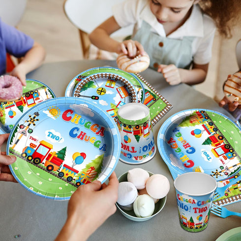 Lenyunge 142PCS Set 2nd Chuagaa Chugga Two Two Birthday Decoration Train Paper Plates Tableware - Transportation Table