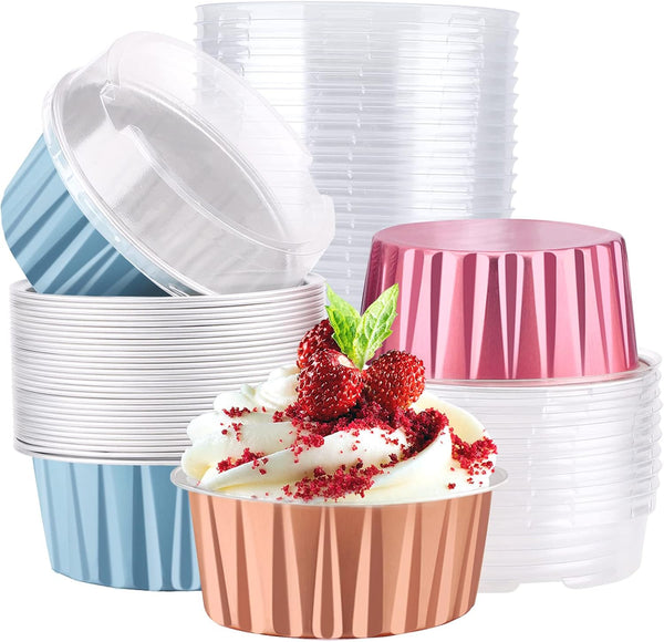 EUSOAR Baking Cups Aluminum Foil, 5oz Pack of 30 Blue Red Rose Gold Cupcake Cups with Lids, 125ml Ramekins