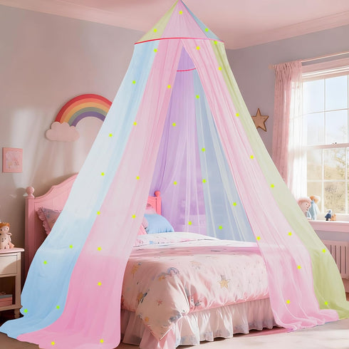 SYHITOU Rainbow Bed Canopy for Girls with Glowing Stars, Colorful Princess Canopy Bed Curtains for Twin, Full