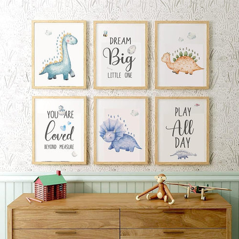 SUUURA-OO Set 6 (8'X10') Dream Big Cute Baby Dinosaur Watercolor Art Print - of Dinosaur Inspirational Decor - Living