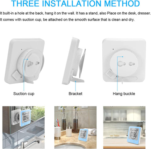 Digital Bathroom Shower Wall Clock Timer, LCD Waterproof Touch Screen Timer with Suction Temperature Humidity Gauge