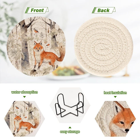 SDMKA 6 3.9 Inch Cute Forest Fox Pcs Cotton Woven Coasters with Holder - Absorbent Drink Coasters - Ideal for Coffee