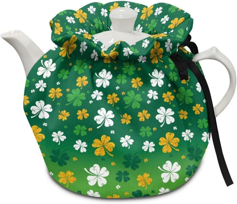 Lucky Leaf Print Tea Cozy for Teapots, St. Patrick's Day Insulated Dust Cover for Home Kitchen Decoration