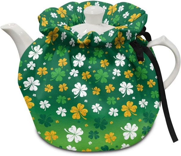 Lucky Leaf Print Tea Cozy for Teapots, St. Patrick's Day Insulated Dust Cover for Home Kitchen Decoration
