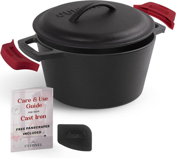 Cuisinel Cast Iron Dutch Oven - 3-Quart Deep Pot with Lid, Pan Scraper, Handle Covers for Indoor/Outdoor Cooking,