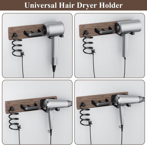 Tindbea 3 in 1 Hair Dryer Holder, Curling Iron Holder, Wall Mount Blow Dryer Organizer Rack for Universal Dryer (Walnut