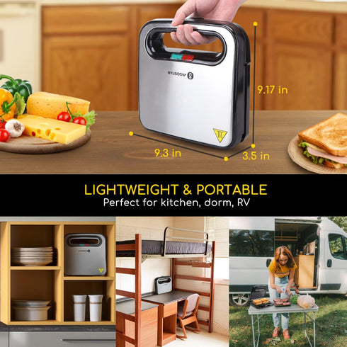Aigostar Sandwich Maker, Non-Stick Panini Press, Breakfast Grilled Cheese Maker, Stainless Steel Tostadora de Pan