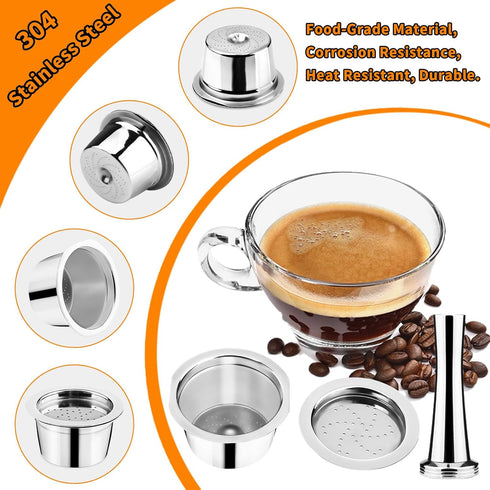 Stainless Steel Reusable Espresso Capsules for K Fee Pods, Includes 30mm Tamper, Spoon, and Brush