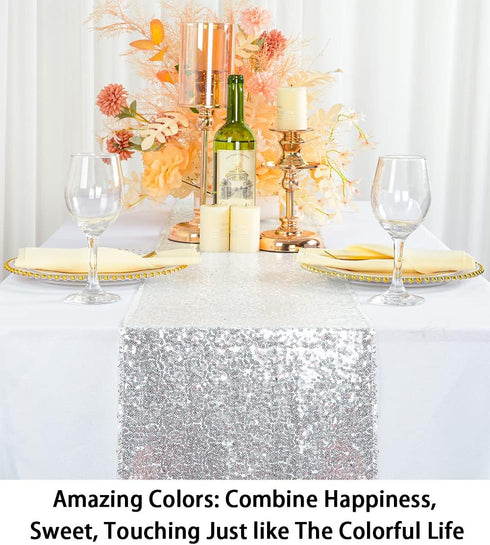 ShinyBeauty Silver Sequin Tassel Dresser Scarves or Table Runner, 12x72 Inch Elegant Wedding Event Decoration