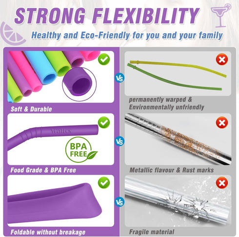Walfos Reusable Silicone Straw, 2 Size Flexible Drinking Straws for Smoothies, BPA Free, 4 Wide + 4 Regular