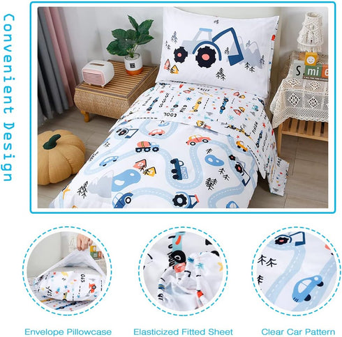 4 Sets PERFEMET Car Toddler Bedding Kids Pieces Bed in A Bag for Boys Vehicles Truck Toddler Girl Comforter with Bed