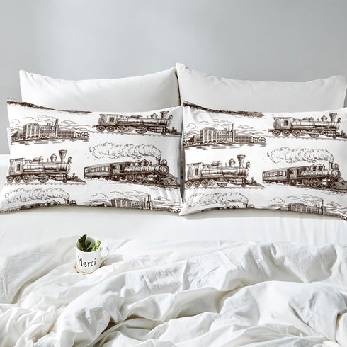 Set 3pcs 2 Manfei Train Kids Fitted Sheet Queen Size, Retro Steam Locomotive Train Bedding for Boys Girls Room Decor