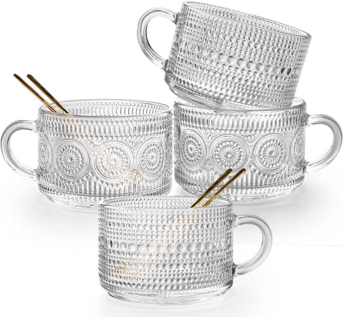 Vintage Glass Coffee Mugs Set of 4,14 OZ Embossed Glass Coffee Cups