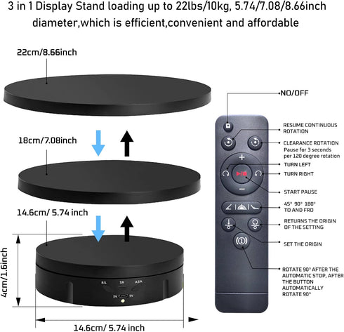 3 in1 5.74 /7.08/ 8.66 inch 22lbs Load360 (3 in1 JAYEGT Motorized Rotating Display Stand with Replacement CoverMax