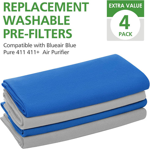 4 Pack Replacement Washable Pre-Filters for Blueair Blue Pure 411, Removes Pollen, Dust, Pet Dander