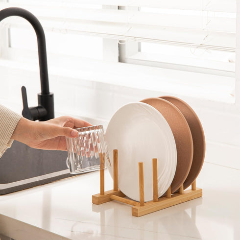 HBlife 2pcs Bamboo Dish Plate Bowl Cup Book Pot Lid Drying Rack Stand, Kitchen Organizer