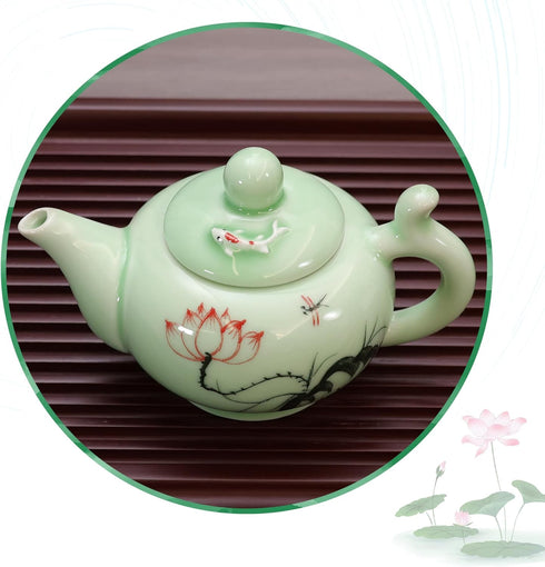DELIFUR Celadon Handcrafted Porcelain Tea Set, Lotus Theme Tea Pot, Covered Teacup from China