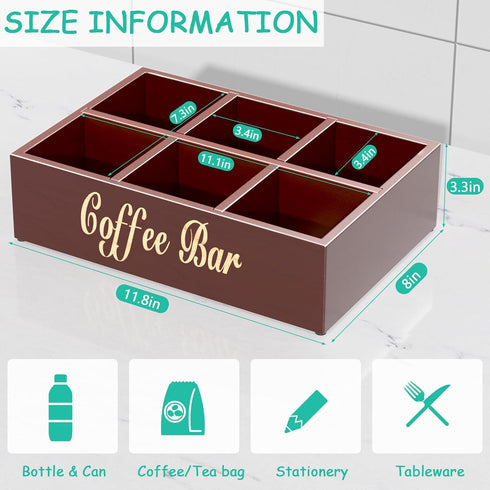 Coffee Station Organizer for Countertop, Wooden Coffee Bar Organizer with Removable Dividers, Farmhouse Coffee Pod Holder Basket for Cocoa Coffee Tea