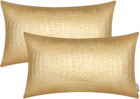 BRAWARM Gold Faux Leather Pillow Covers 12 x 20 Inches, Pack of 2 Crocodile Decorative Lumbar Throw Pillows