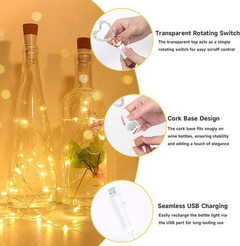 20 2024 3 Pack) Bottle Lights, LED Fairy Lights Battery Operated USB Rechargeable Upgraded Bottle Light with Cork