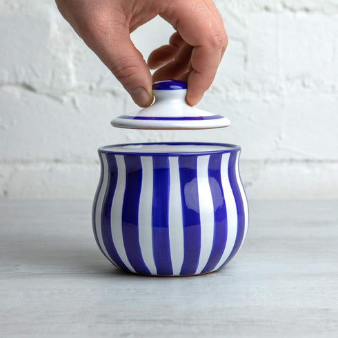City to Cottage Ceramic Sugar Bowl with Lid, 10oz Sugar Container for Coffee Bar, Handcrafted Blue Stripe Coastal Sugar