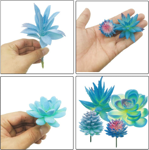Woohome 10 PCS Artificial Succulent Plants, Unpotted Faux Succulent Assortment in Flocked Blue for Birthday Home Decor