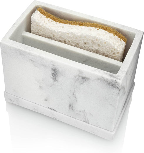 Modern White Marble Kitchen Sponge Organizer with Drain Tray