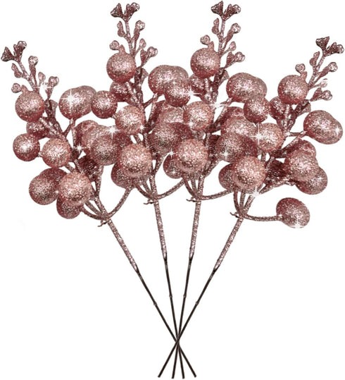 36Pcs Rose Gold Christmas Glitter Berries Stems, 7.5 Inch Artificial Christmas Picks,
