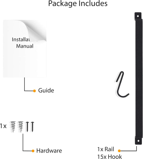 Wallniture Casto 30" Gourmet Kitchen Rail with 15 S Hooks for Hanging Utensils and Cookware, Frosty Black