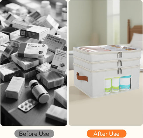 3-Tier Medicine Organizer for Cabinet, Foldable Medicine Storage Box with Clear Cover and Leather Handle, Empty First
