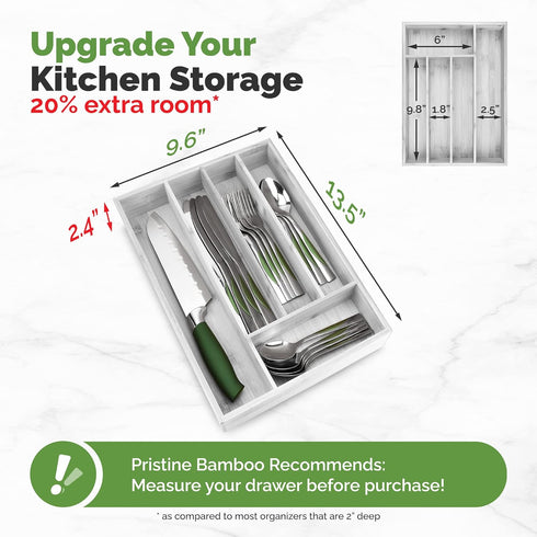 Silverware Organizer - Kitchen Drawer Organizer and Utensil Organizer - Cutlery Tray – Flatware, Utensil and Silverware Holder - Silverware Tray for Drawer (5-Slots, White) by Pristine Bamboo
