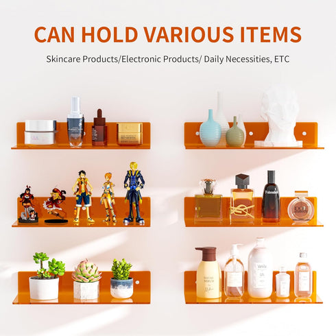 15 Inches 2 Pack, Sezanrpt Orange Acrylic Wall Shelves L Shape Floating Shelf, Perspex Wall Mounted Shelves for Home