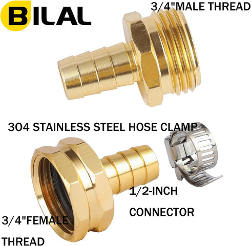 BILAL 3 Set 1/2" Fitting,1/2" 3/4" Garden Hose Repair Connector Kit with Clamps, Fit for Garden Hose Barb x GHT Garden
