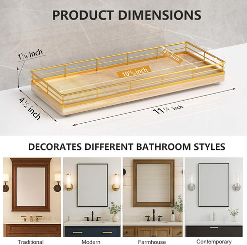 Counter Bathroom Tray for Top Organizer Oak Wood Vanity Tray with Metal Frame for Dresser, Kitchen, Nightstand Gold