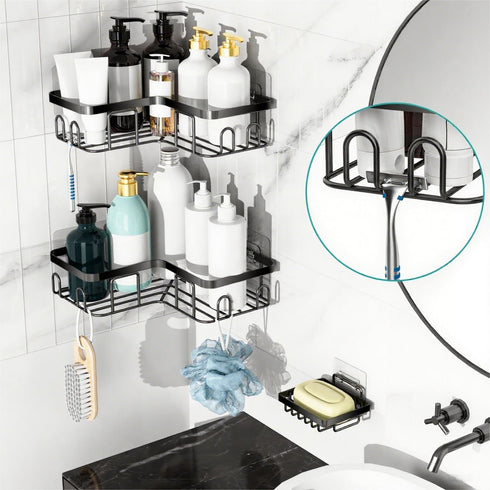 Moforoco Corner Shower Caddy Shelf Organizer Rack, Self Adhesive Black Bathroom Shelves Basket, Home Wall Shower Inside