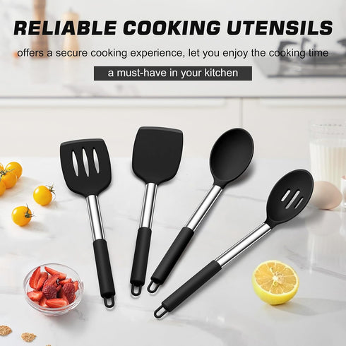 TeamFar Kitchen Utensils, 4 Pcs Silicone Cooking Spatula Spoon Set with Stainless Steel Handle, Non-stick & Dishwasher