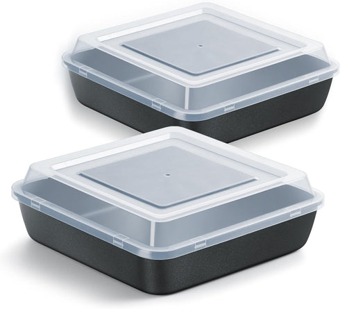 E-far 9x9 Inch Square Baking Pan Set with Lid, Nonstick Metal Bakeware for Lasagna & Brownies, 4 Pieces