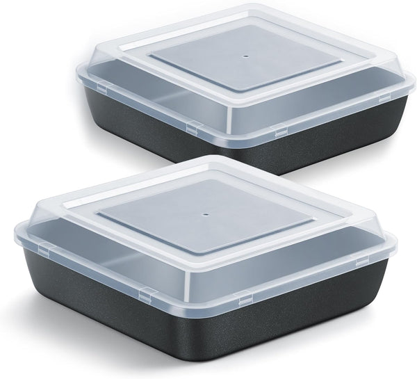E-far 9x9 Inch Square Baking Pan Set with Lid, Nonstick Metal Bakeware for Lasagna & Brownies, 4 Pieces