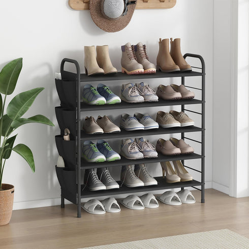 5 Closet SUOERNUO Shoe Rack Storage Organizer Tier Free Standing Metal Shoe Shelf Compact Shoe Organizer with Side Bag