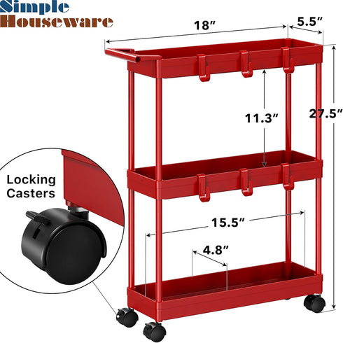3-Tier 5.5'' 27.5'' Simple Houseware Slim/Narrow Storage Cart with Handle, Wide x Height Rolling Organizer for Kitchen
