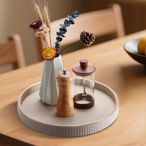 Counter, KINGFOM Round Decorative Tray, PU Leather Vanity Tray Organizer with Gold Trim for Dresser, Coffee Table