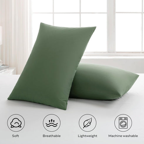 JELLYMONI Pillowcases Standard Set of 2, Green Cotton Envelope Pillow Covers 20×26in, 100% Washed Cotton Soft