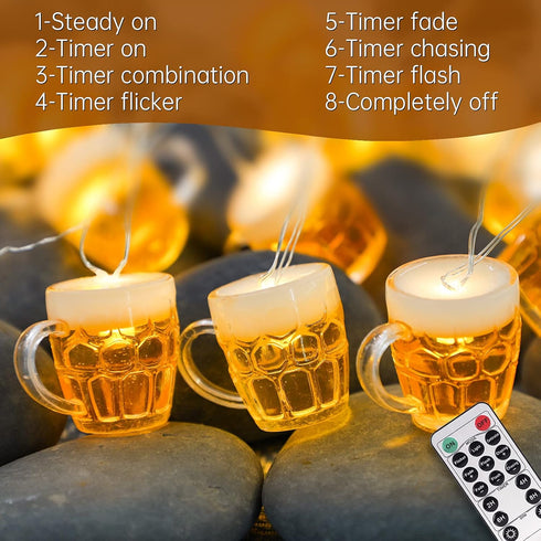 3D 10ft 15 Summer Beer Mug String Lights St Patrick's Day Decor, LED with Remote Control USB & Battery Powered for Bar
