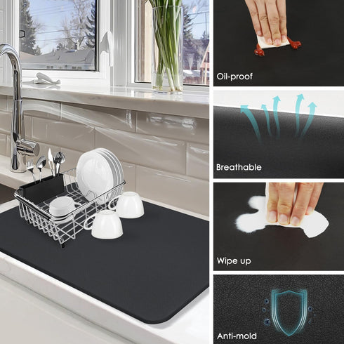 Coffee Mat for Countertop, 24x16" Super Absorbent Large Bar Mat, Quick Dry Black Dish Drying Mat for Kitchen