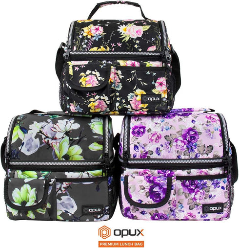 opux Insulated Lunch Bag for Women, Adult Cooler, Flower Lunch Box, Dual Compartment, Floral Gray
