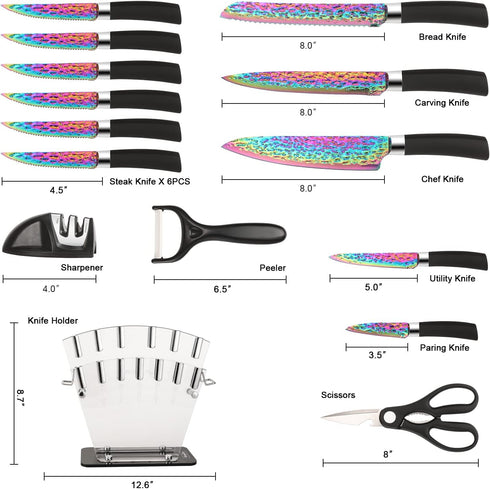 Rainbow Titanium Knife Set, Sharp Stainless Steel Knives with Acrylic Block, 6 Steak Knives, Chef Quality
