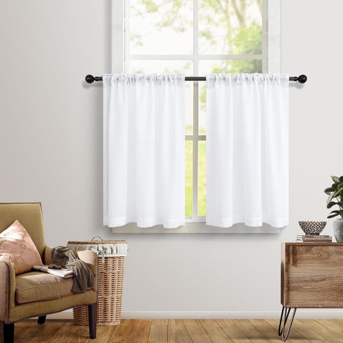 White Kitchen Curtains 24 Inch Length for Small Windows 2 Panel Pocket Lace Cotton Textured Sheer Linen Short Cafe Curtain for Bathroom Laundry Garage Shelves Vintage Farmhouse 36x24